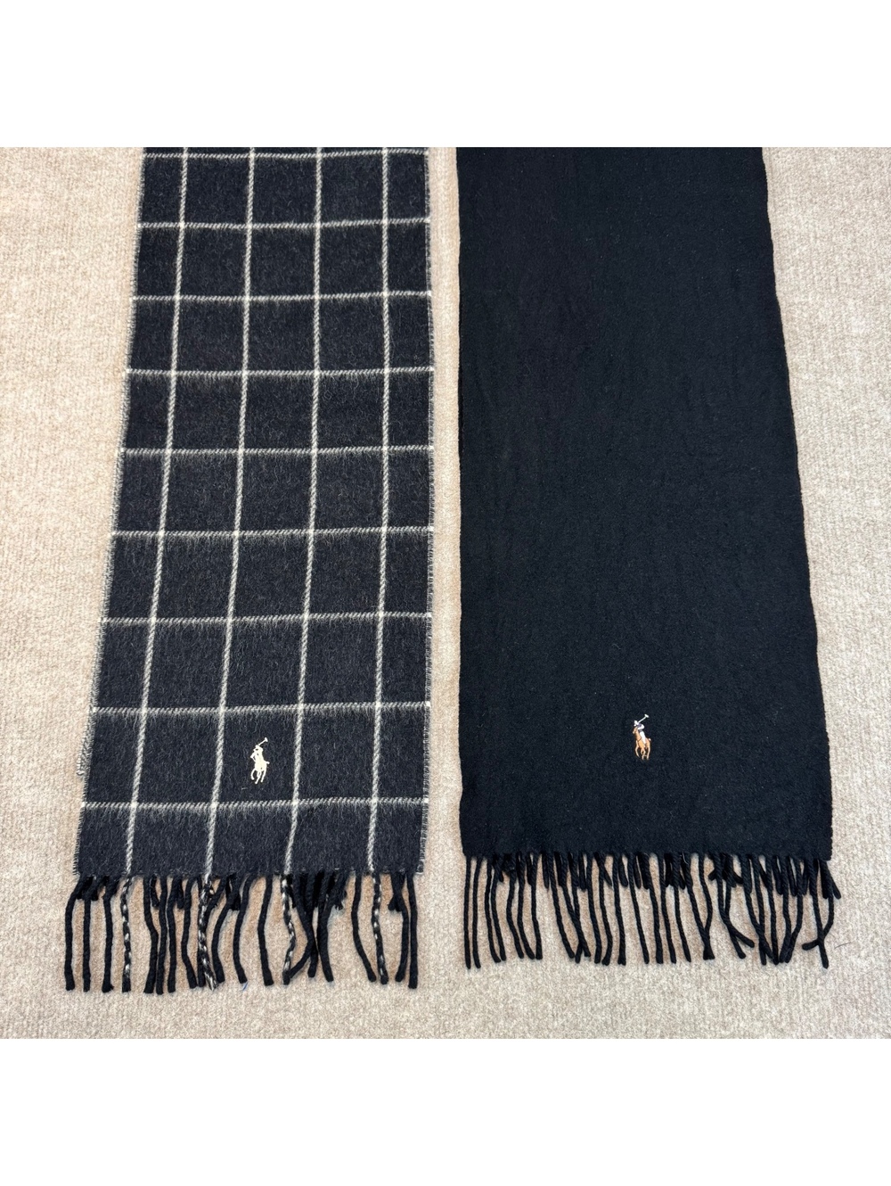Polo Ralph Lauren Black Gray Windowpane Wool Scarf Fringe Lot of 2 Made in Italy